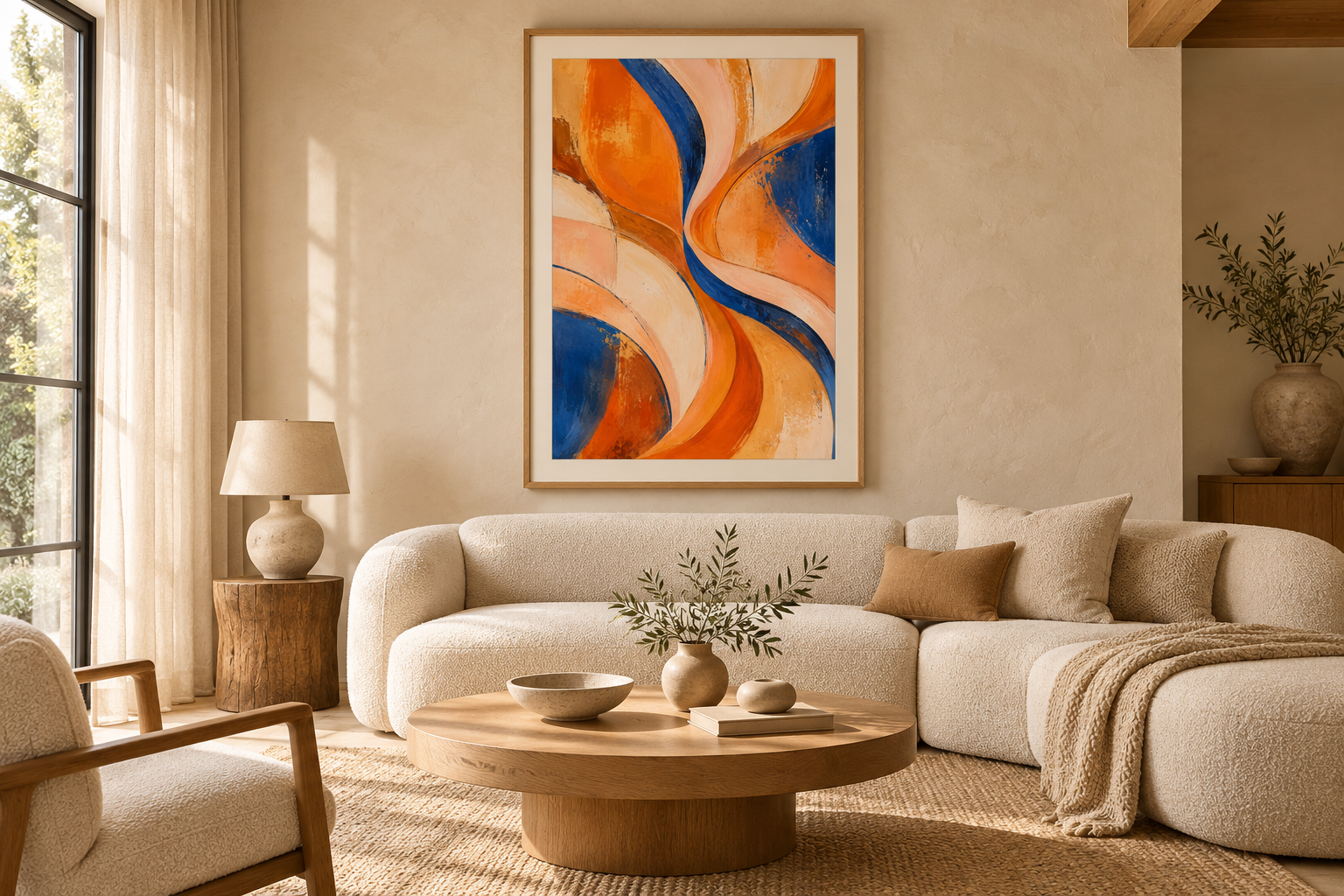 Club Apricot in a natural oak frame on a cream living room wall
